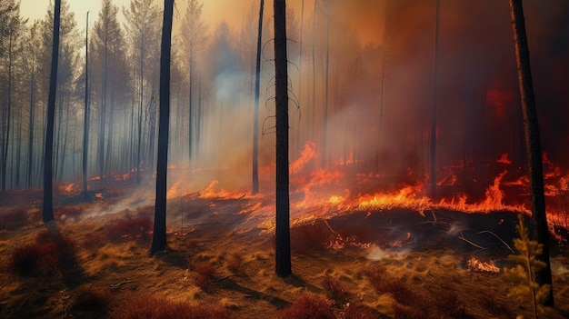 Generacyjna sztuczna inteligencja pożar lasu na zboczu góry