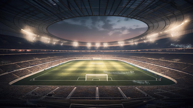 Generacyjna sztuczna inteligencja stadionu piłkarskiego w nocy ze światłami i siedzeniami