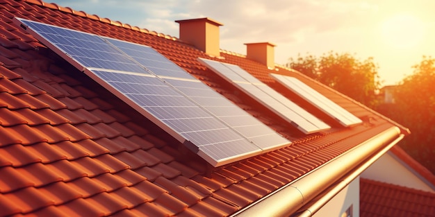 Generacyjne panele słoneczne AI na dachu budynku czysta ekologiczna energia elektryczna o zachodzie słońca koncepcja energii odnawialnej