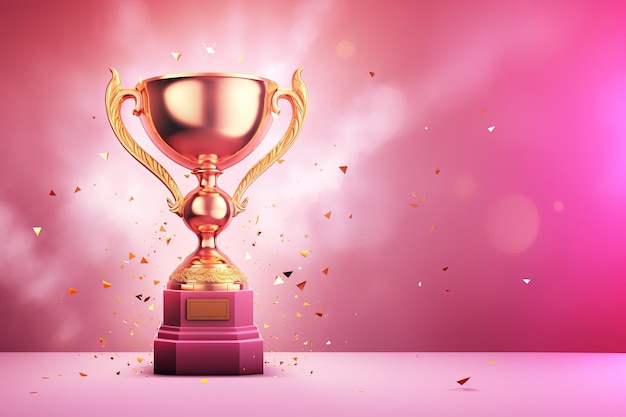 Generacyjne trofeum zwycięzcy AI z płomieniami różowy złoty puchar mistrza ze spadającymi konfetti