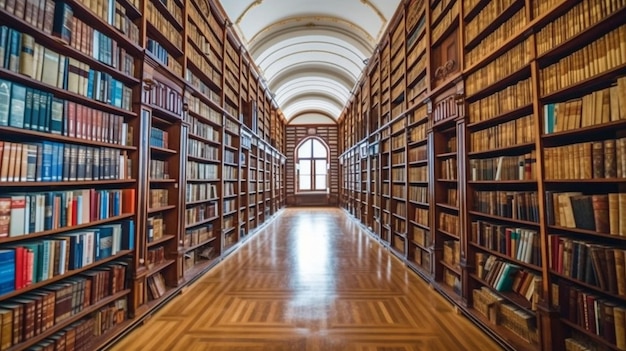 Generacyjny obraz AI przedstawiający regały w dużej bibliotece szkolnej