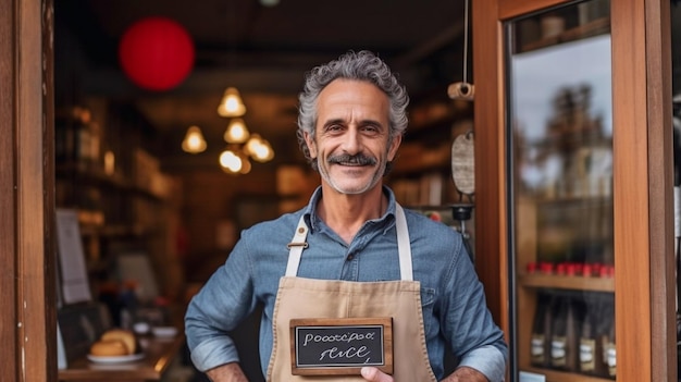 Generacyjny portret AI szczęśliwego właściciela restauracji stojącego przed kawiarnią z otwartym szyldem