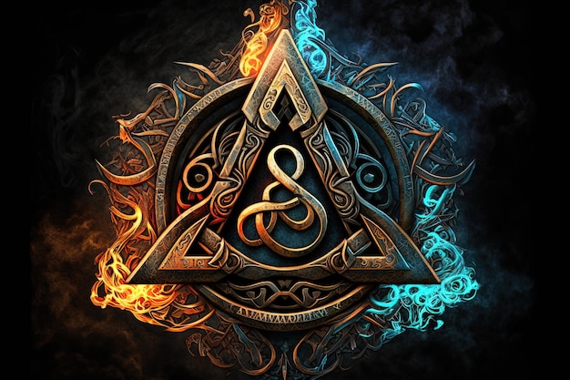 Generacyjny tajemny symbol AI z efektem ognia i lodu Symbol magii Symbol Asgardu Symbol run i trójkąta w kolorze złota i metalu