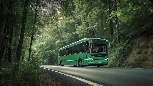 Generacyjny zielony autobus AI na leśnej autostradzie