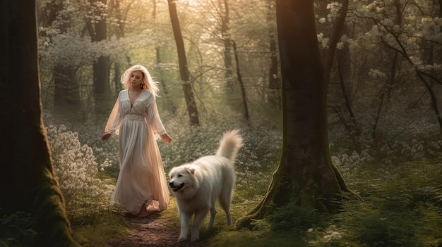 Generated with AI Piękna i tajemnicza kobieta w białej sukni spacerująca po lesie z dowcipem