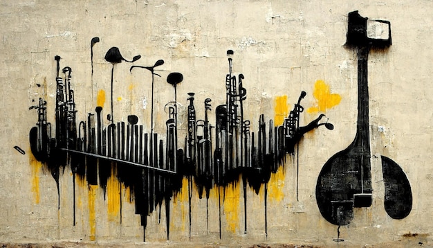 Generative AI Abstract Street art z kluczami i sylwetkami instrumentów muzycznych