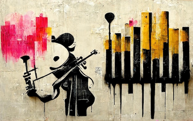 Generative AI Abstract Street art z kluczami i sylwetkami instrumentów muzycznych
