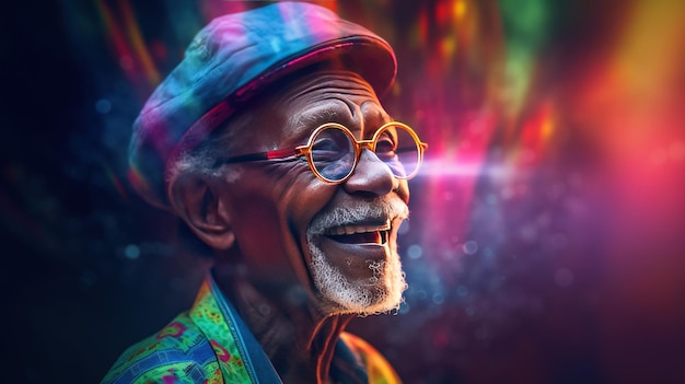 Generative AI African American zabawny szczęśliwy stary emeryt zbliżenie portret człowieka w okularach
