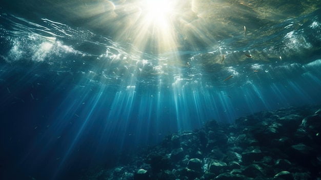 Generative AI Ciemnoniebieska powierzchnia oceanu widziana pod wodą w świetle słonecznym