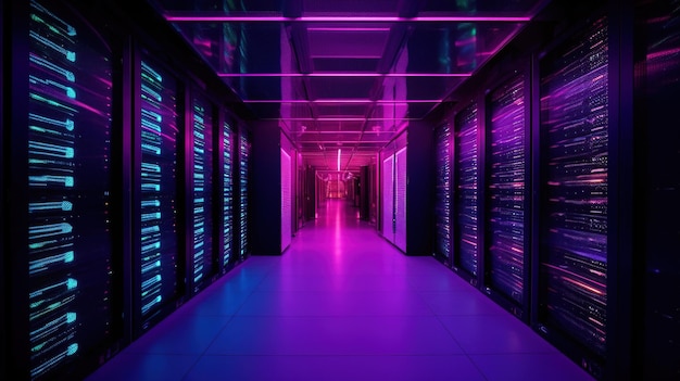 Generative AI Data Center nowoczesna serwerownia wysokiej technologii w fioletowych neonowych kolorach Nowoczesna telekomunikacyjna baza danych sztucznej inteligencji w chmurze