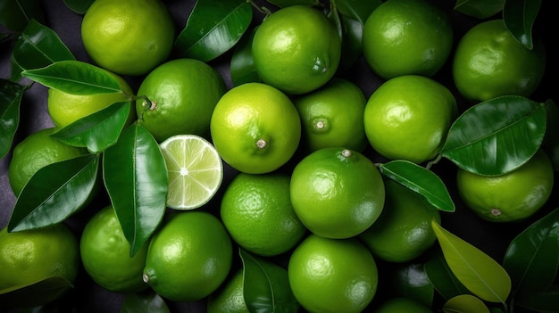 Generative AI dojrzałe świeże owoce limonki z liśćmi fotorealistyczna ilustracja zdrowej żywności