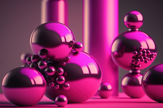 Zdjęcie generative ai dwie duże kule i małe kuleczki w kolorze magenta błyszczący różowy płyn