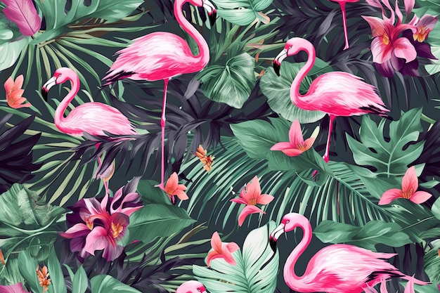 Generative AI Floral bezszwowe tło z tropikalnym wzorem różowych flamingów z egzotycznymi kwiatami liści palmowych Tapeta botaniczna