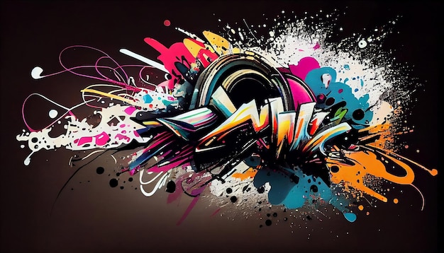 Generative AI Graffiti Art Żywy i ostry obraz inspirowany sztuką uliczną z dużymi i kolorowymi plamami farby przywołujący miejską energię i kreatywność