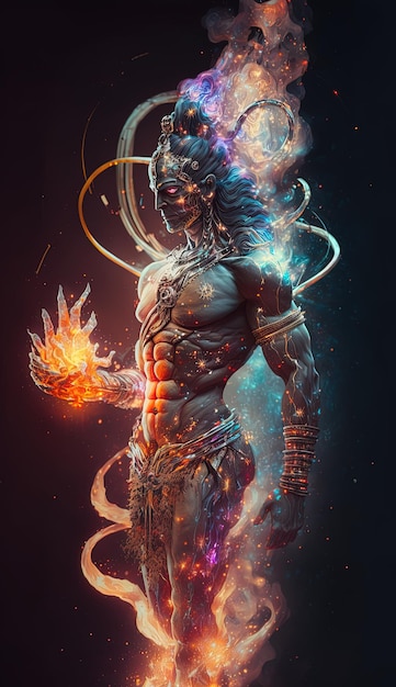 Generative AI Hinduski bóg Shiva Kolorowy indyjski hinduski bóg Shiva ręka trzymająca Trident God Shiva epicka poza z trishula magic w ręku na tshirt drukuj plakat Hinduska sztuka religijna