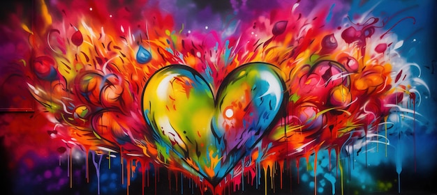 Generative AI Kolorowe serce jako symbol miłości graffiti na sztuce ulicznej na ścianie Melted paintx9