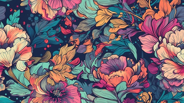 Generative AI Kwiatowy kolorowy bezszwowy wzór Lisa Frank i James Jean inspirowany naturalnymi roślinami