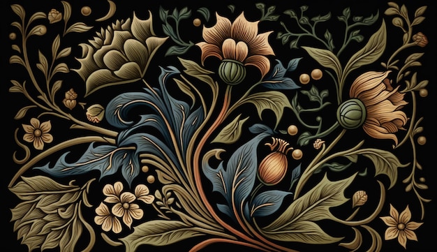 Generative AI Kwiatowy kolorowy wzór William Morris inspirowany naturalnymi roślinami i kwiatami w tle