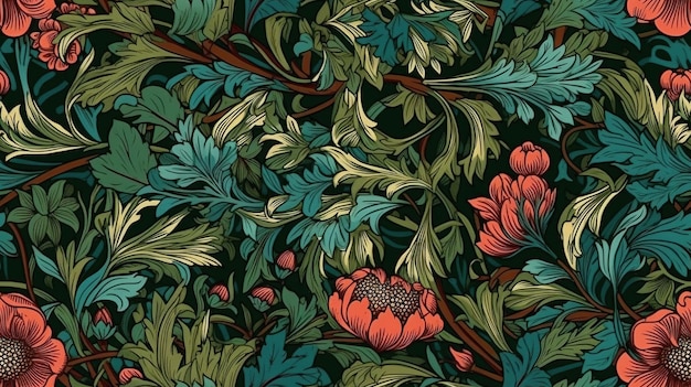 Generative AI Kwiatowy kolorowy wzór William Morris inspirowany naturalnymi roślinami i kwiatami w tle