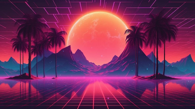 Generative AI Lata 80. retro futurystyczne scifi nostalgiczne lata 90. Noc i zachód słońca neonowe kolory cyberpunk