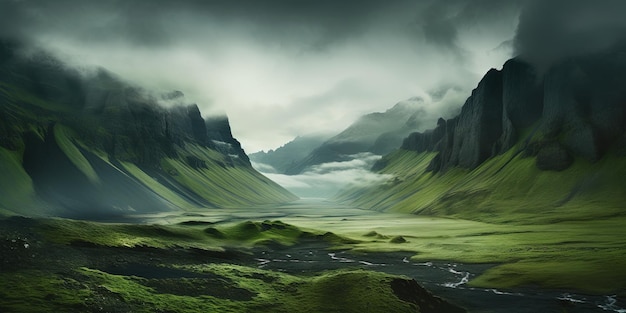 Generative AI malownicze zielone wzgórza w chmurach piękny krajobraz przyrody
