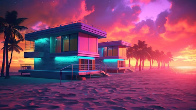 Generative AI Miami beach chaty Summer Vibes retro ilustracja Vintage kolory różowy i niebieski