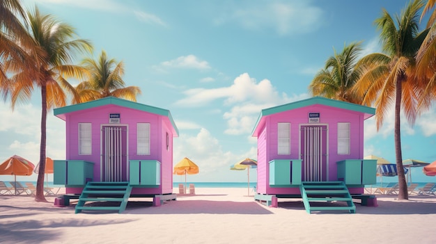 Generative AI Miami beach chaty Summer Vibes retro ilustracja Vintage kolory różowy i niebieski