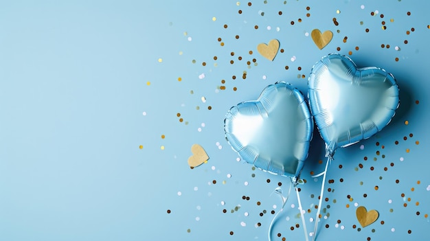 Generative AI Niebieskie balony foliowe w kształcie serca i konfetti na Walentynki lub wesele z miejscem na kopięx9xA