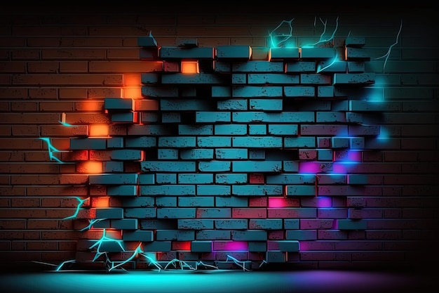 Generative AI Nowoczesny futurystyczny pusty ceglany mur w tle z neonami stary grunge ceglany mur pokoju w tle Kolorowa koncepcja przestrzeni kopii