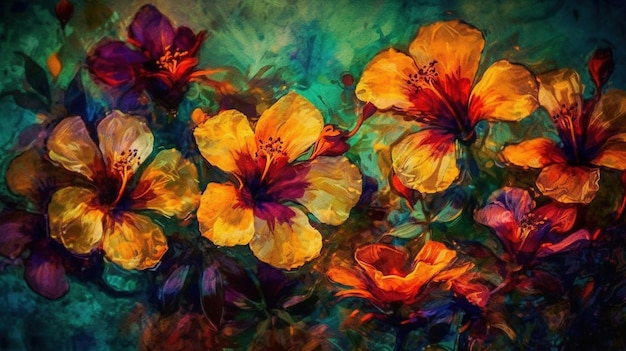 Generative AI Obraz olejny wiosennych kwiatów na płótnie Piękne abstrakcyjne kolorowe kwiaty