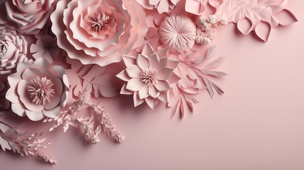 Generative AI Papercut rzemiosło kwiaty i liście jasnoróżowy kolor kwiatowy origami teksturowane tło