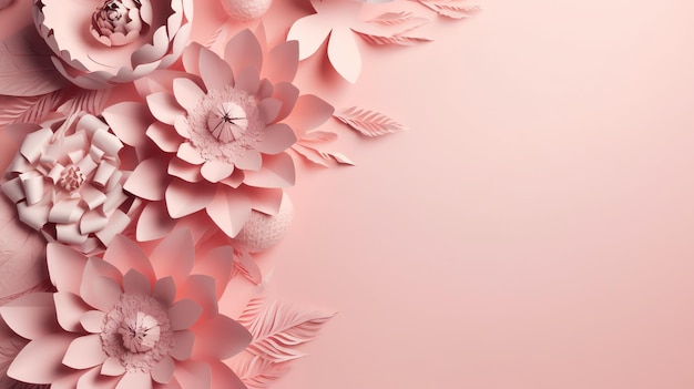 Generative AI Papercut rzemiosło kwiaty i liście jasnoróżowy kolor kwiatowy origami teksturowane tło