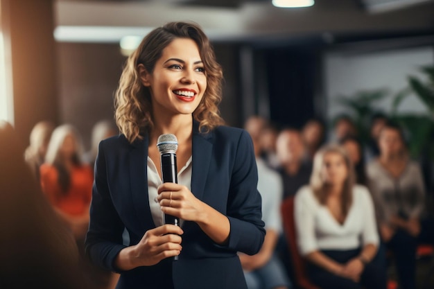 Generative AI Pewna bizneswoman przedstawiająca korporacyjną prezentację na seminarium lub konferencji