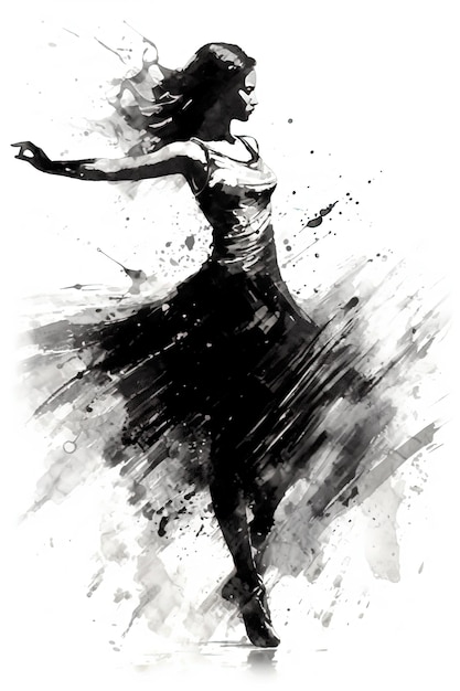Zdjęcie generative ai piękna tańcząca kobieta narysowana czarnym tuszem lub akwarelą