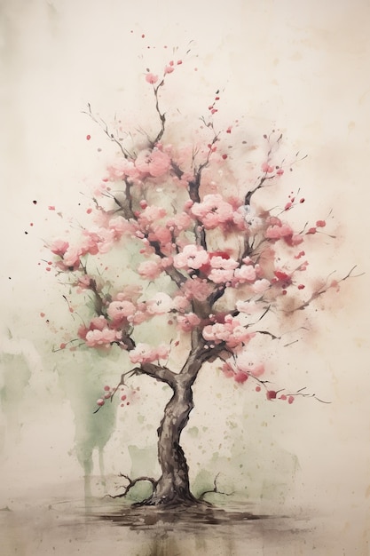 Generative AI Piękny japoński obraz akwarelowy drzewa sakura w stylu vintage, azjatycki plakat