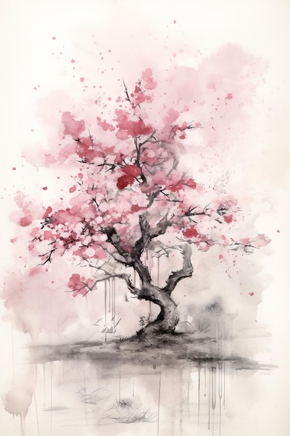 Generative AI Piękny japoński obraz akwarelowy drzewa sakura w stylu vintage, azjatycki plakat