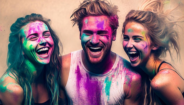 Generative AI pokazuje faceta i kilka pań śmiejących się i bawiących się z twarzami i włosami pokrytymi farbą i kolorowymi proszkami w stylu festiwalu Holi