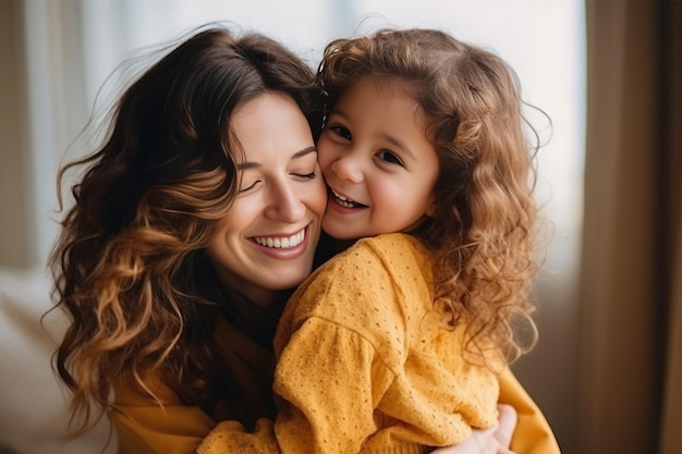 Generative AI Portret uśmiechnięta kochająca matka ściska uroczą małą córeczkę