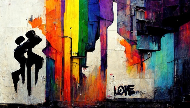 Generative AI Rainbow LGBT duma kolory flagi jako graffiti na wall street art
