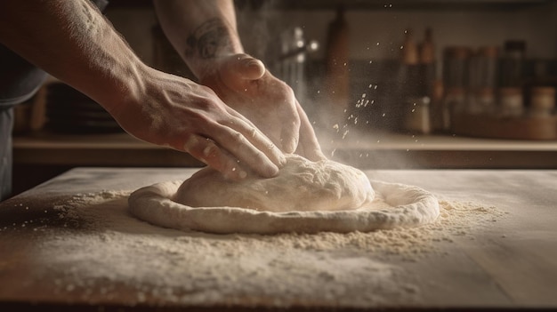 Generative AI Ręce piekarza w restauracji lub domowej kuchni przygotowuje ekologicznie naturalne wypieki