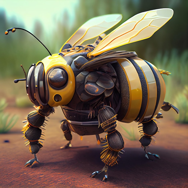 Generative AI Robot cyborg pszczoła koncepcja blockchain i sieci technologiczne żółty mechaniczny owad
