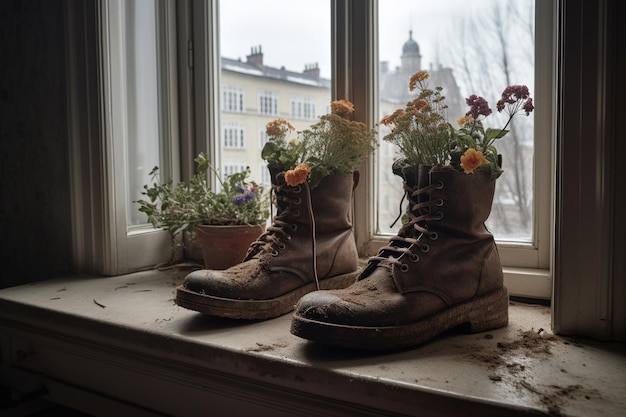 Generative AI Stary but z wiosennymi kwiatami na łące ręcznie robiona doniczka do butów Aktywizm na rzecz środowiska