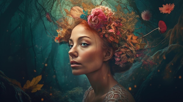 Generative AI stworzyła ten surrealistyczny portret kobiety w kwiatowym nakryciu głowy pośród surrealistycznego lasu