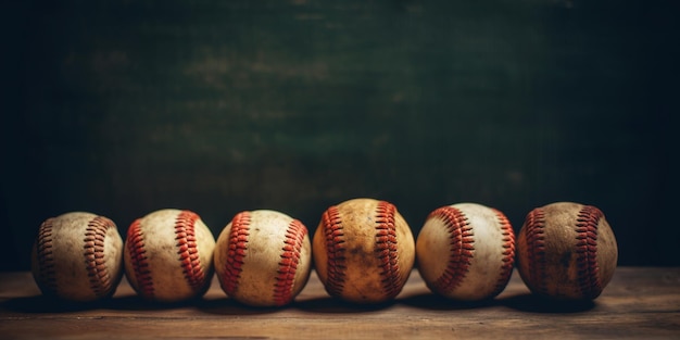 Generative AI Szorstka i wytrzymała tekstura starych piłek baseballowych z bliska na tle rocznika