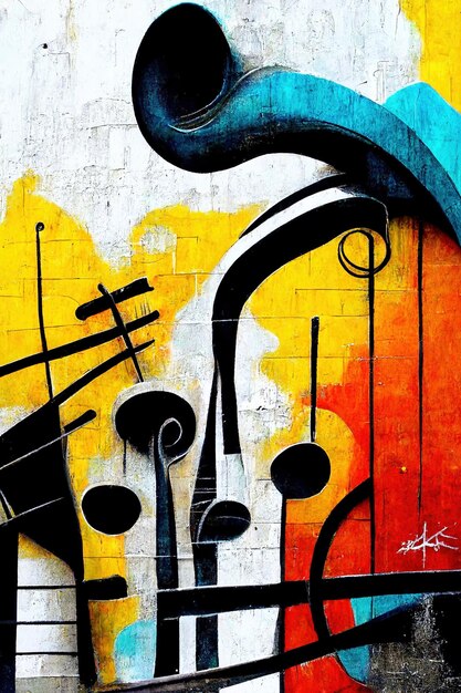 Generative AI Sztuka uliczna z kluczami i sylwetkami instrumentów muzycznych Atrament kolorowe graffiti
