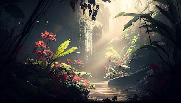Generative AI tło środowisko dżungla kwiaty deszcz promienie słońca