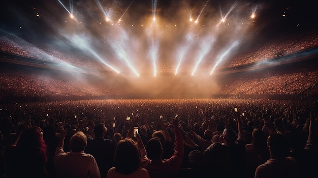 Zdjęcie generative ai tłum ludzi na koncercie festiwalu muzyki rockowej na dużej scenie stadionu oświetlonej reflektorami
