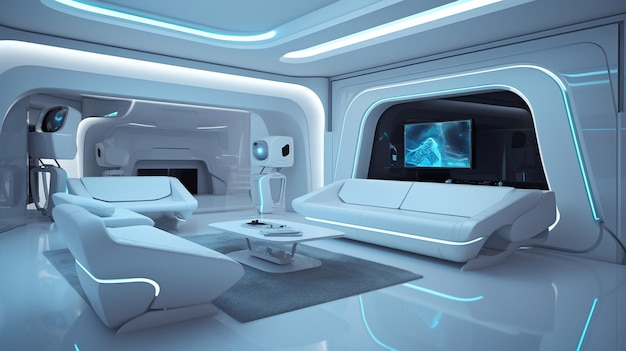 Generative AI TV i sofa w futurystycznym salonie