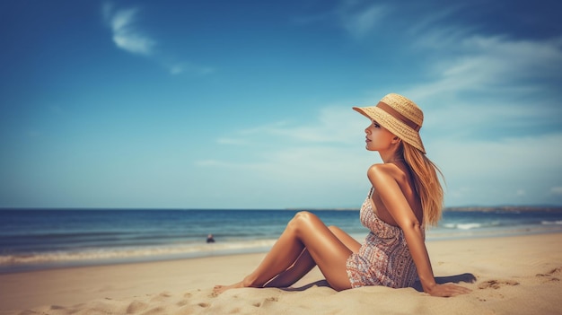 Generative AI urocza kobieta z blond włosami w bikini relaksuje na plaży