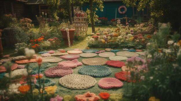 Generative AI uroczy ogród wykonany z szydełkowych roślin drzew kwiatów Delikatne kolory marzycielski krajobraz sceny